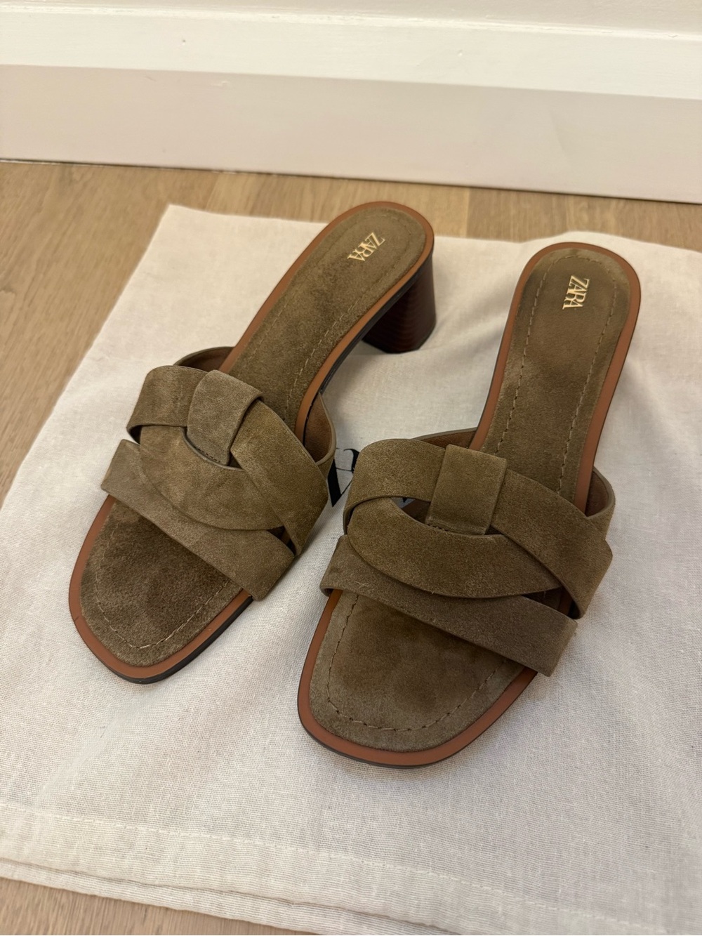 Zara Olive Brown Suede Knotted Mule Heels